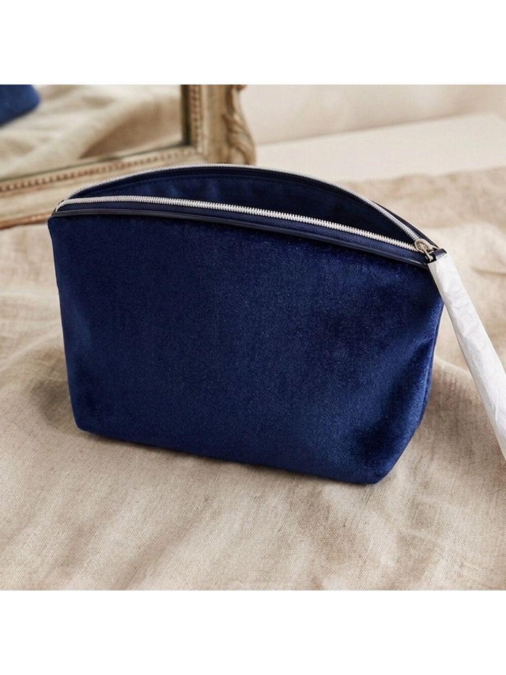 Lancome Dark Blue Velvet Luxury Makeup Cosmetics Bag Wrist Strap Zipper Clutch